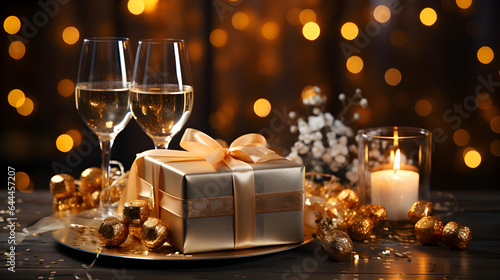 Christmas background with Champagne glasses and gifts or New Year