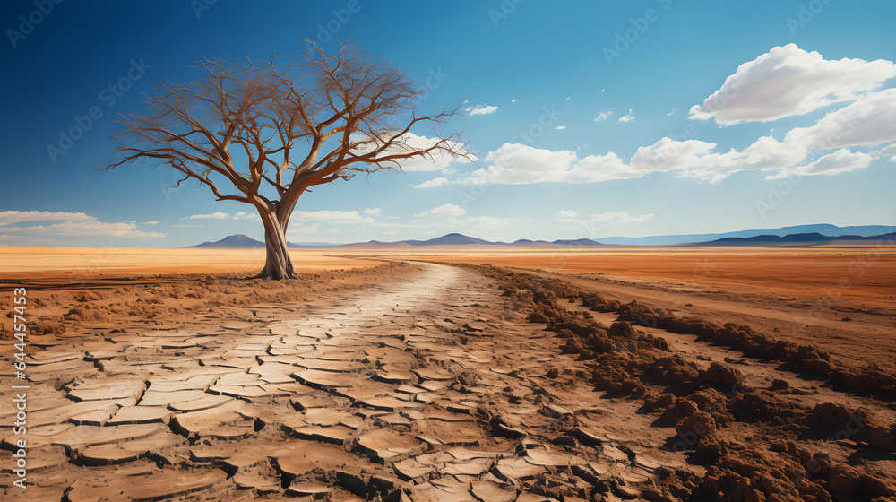 Dead trees on dry, cracked ground. Drought concept