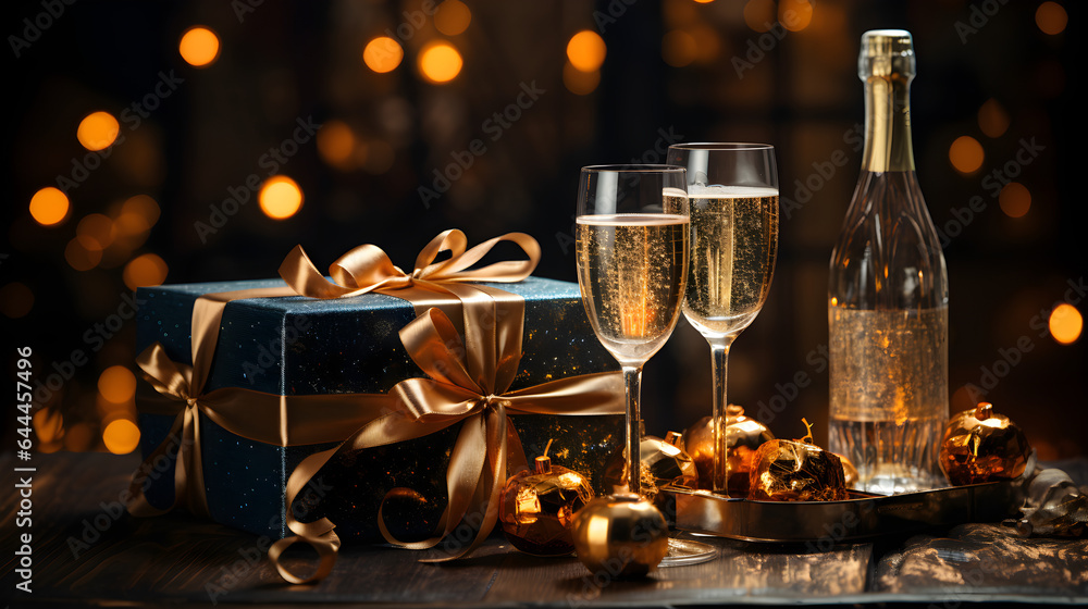 Christmas background with Champagne glasses and gifts or New Year