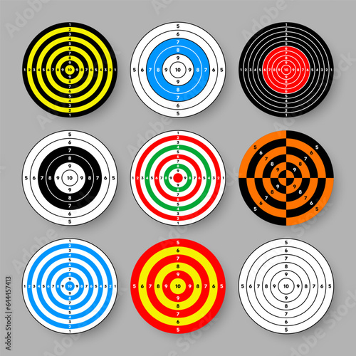 Shooting range paper targets. Round target with divisions, marks and numbers. Archery, gun shooting practise and training, sport competition and hunting. Bullseye and aim. Vector illustration