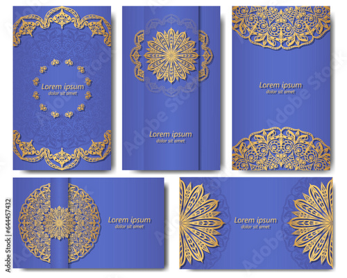 Mandala on blue background. Set of five gorgeous blue vector backgrounds with golden ethnic pattern. Oriental ornament in cards, labels, posters, invitations, packages. 