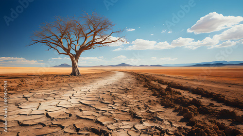 Dead trees on dry, cracked ground. Drought concept