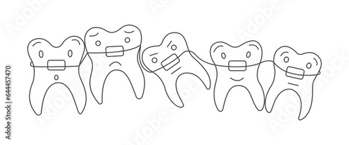 Doodle cute teeth with braces. Dental care. Oral hygiene concept for children for pediatric dentistry. Teeth cleaning and prevention. Healthy smile. Vector illustration