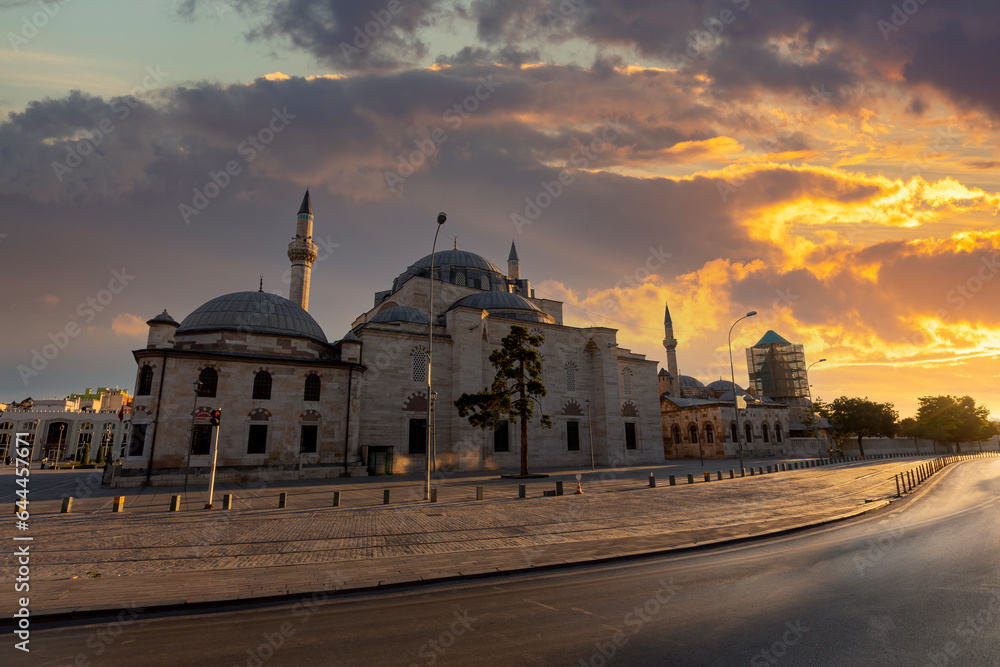 Selimiye Mosque in Konya with Mevlana museum on the side. Konya is a pilgrimage destination for Sufis, focused on the tomb of the Mevlana order, Rumi