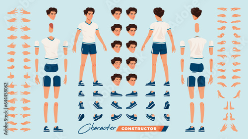 Sporty teenage, handsome brunette boy character DIY constructor. Active sportsman young man figure parts. Head, leg, hand gestures, male game coach different emotions. Vector cartoon construction kit