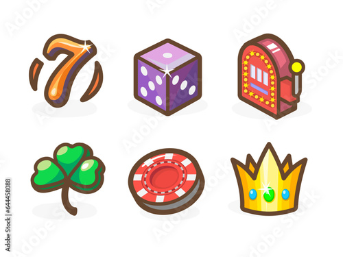 Games or just casual casino icons for your application. Bright wonderful user interface elements. Good for animation. Game chip, crown, slot machine and others. Vector illustration for your business.