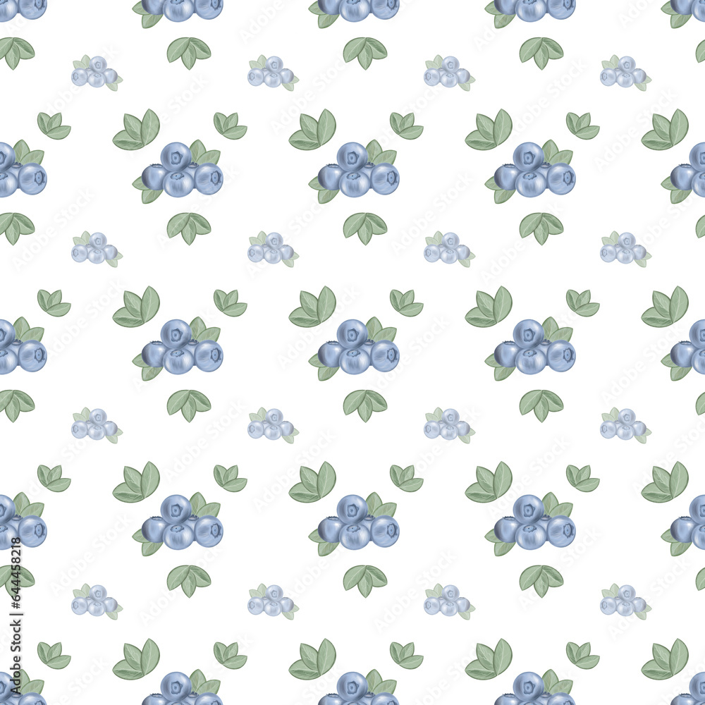 Illustration pattern of fresh ripe blue blueberries with leaves on a white transparent background Illustration pattern of fresh ripe blue blueberries with leaves on a white transparent background