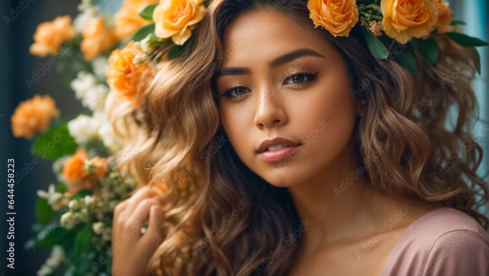 Portrait of a beautiful girl, long hair, rose flowers