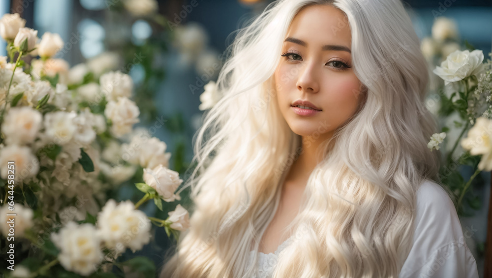 Portrait of a beautiful girl, long hair, rose flowers Portrait of a beautiful girl, long hair, rose flowers