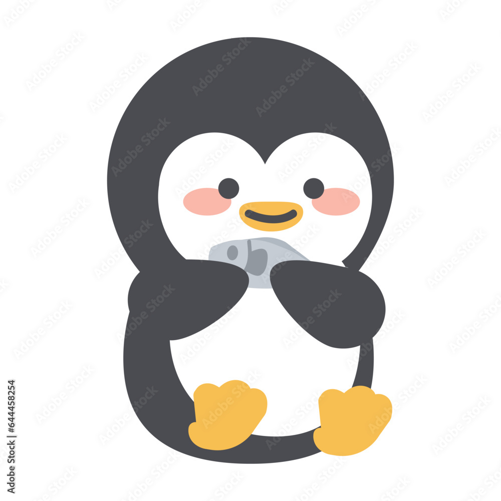 Obraz premium Cute penguin Eating Fish Flat Cartoon Style