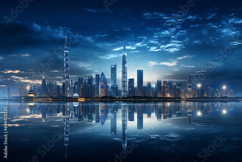shanghai skyline at night with reflection in water China.