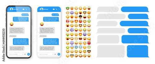 Smartphone messaging app, user interface design with emoji. SMS text frame. Chat screen with blue message bubbles. Texting app for communication. Social media application. Vector illustration