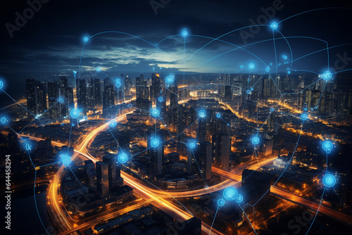 Wallpaper Mural Modern cityscape buildings and digital connection concept. 3D rendering double exposure Torontodigital.ca