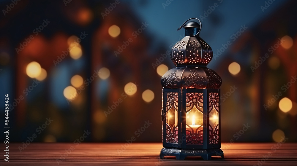 Eid Mubarak and Ramadan Kareem Islam holy month. Arabic lantern and burning candle at night. Muslims iftar under soft light of lantern lamp. Arabian background for celebration of Eid. Eid Mubarak and Ramadan Kareem Islam holy month. Arabic lantern and burning candle at night. Muslims iftar under soft light of lantern lamp. Arabian background for celebration of Eid.