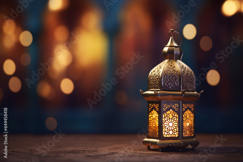 Eid Mubarak and Ramadan Kareem Islam holy month. Arabic lantern and burning candle at night. Muslims iftar under soft light of lantern lamp. Arabian background for celebration of Eid.