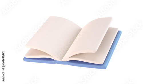 3d icon open book school, diary with white paper blank pages and bookmark. Cartoon minimal style transparent