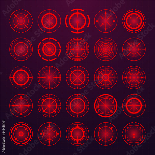 Crosshair, gun sight vector icons. Bullseye, black target or aim symbol. Military rifle scope, shooting mark sign. Targeting, aiming for a shot. Archery, hunting and sports shooting. Game UI element.