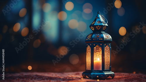 Eid Mubarak and Ramadan Kareem Islam holy month. Arabic lantern and burning candle at night. Muslims iftar under soft light of lantern lamp. Arabian background for celebration of Eid.