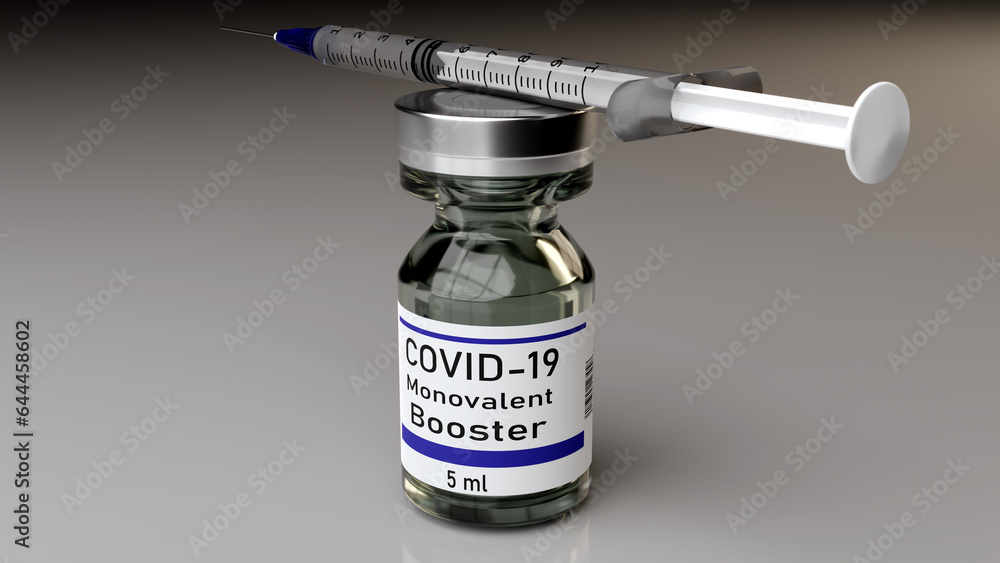 3d rendering of a syringe and vial labeled COVID-19 monovalent booster. 3d rendering of a syringe and vial labeled COVID-19 monovalent booster.