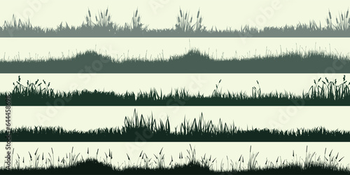 Meadow silhouettes with grass, plants on plain. Panoramic summer lawn landscape with herbs, various weeds. Herbal border, frame element. Green horizontal banners. Vector illustration