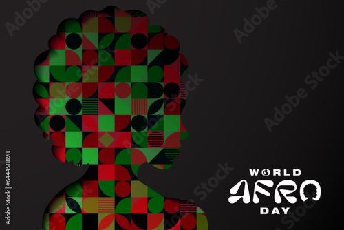 World Afro Day Greetings Banner. Geometric Design inside silhouette of a woman with afro hair. Modern World Afro Day Poster. Vector Illustration. 