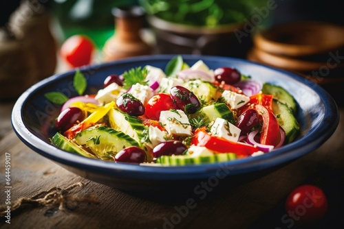 Fresh Greek salad with feta  veggies  olives in blue ceramic bowl on rustic concrete background. Mediterranean cuisine  authentic Greek. Generative AI