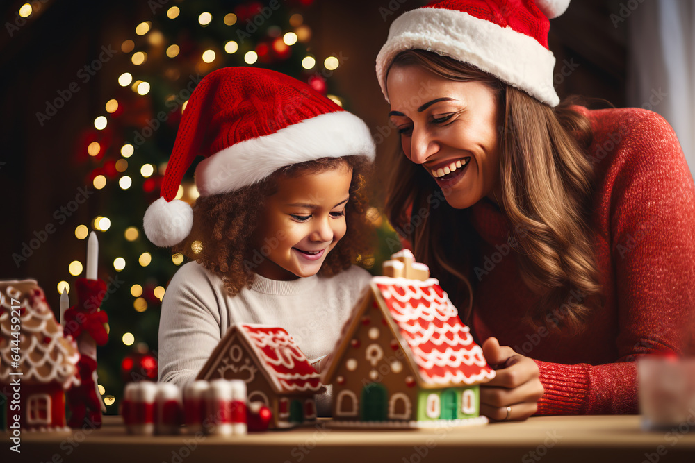 Mother and Daughter building a Gingerbread House together for Christmas. Happy family traditions and decorations for the holiday season. Shallow field of view. Mother and Daughter building a Gingerbread House together for Christmas. Happy family traditions and decorations for the holiday season. Shallow field of view.