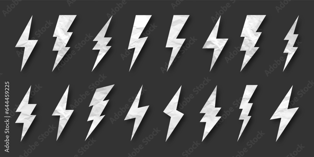 Lightning bolt, crumpled paper texture, cardboard. Flash symbol, thunderbolt. Simple lightning strike sign. Vector illustration