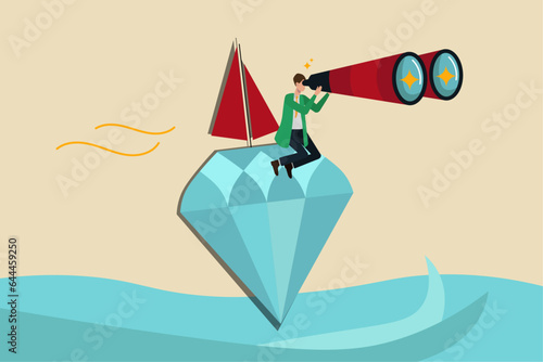 Core value or value proposition, profit or corporate value concept, maintaining core value in market turbulence, finding new opportunities, business man sitting on diamond with camera in hand
