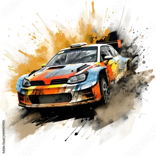 rally racing car with dust effect and ink paint art, ai generative photo