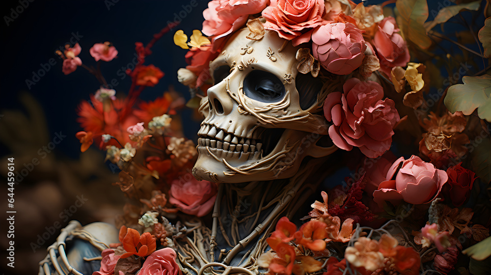 Naklejka premium Skeleton with flowers in body