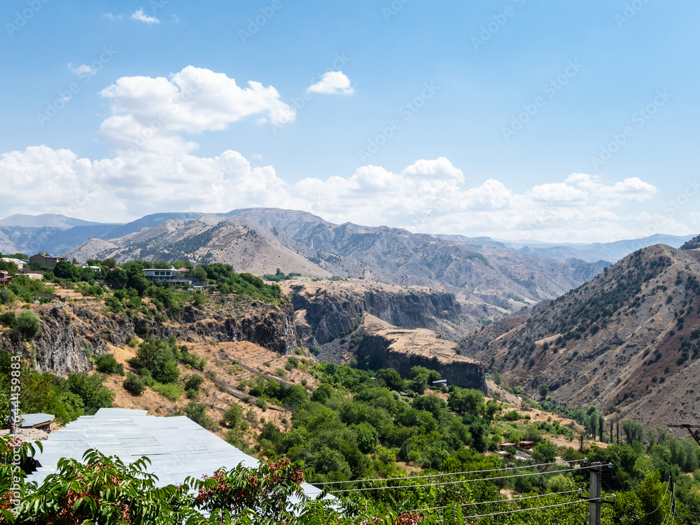 mountain landscape near Garni temple in Armenia on sunny summer day
