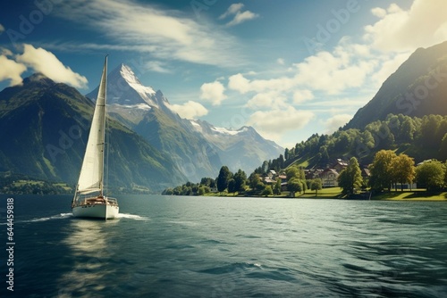 Yacht sailing Swiss mountains, sunny day with calm waters. Ideal location to travel & relax. Generative AI