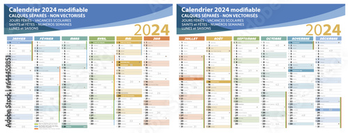 Calendrier 2024, France, calendrier, calendrier vectoriel, 12 mois, calques séparés, typos vectorisées, vacances scolaires, semaines, jours fériés, fêtes, saints, lunes, saisons, agenda, annuel