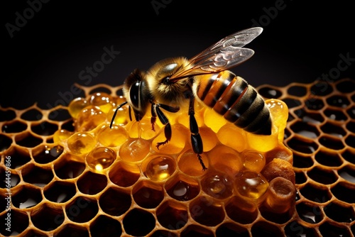 A bee in a honeycomb with honeycombs around it, against a black background with honey cells and a honey bee in the center. Generative AI