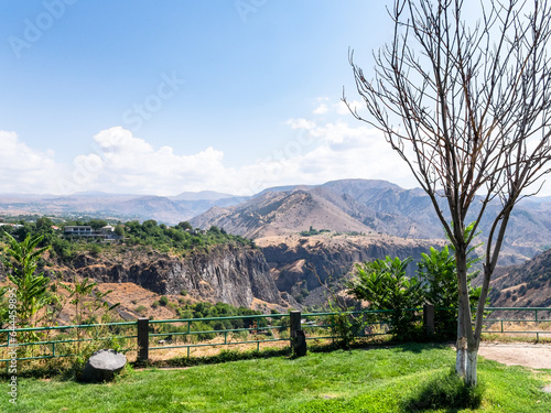 view of lands near Garni temple in Armenia on sunny summer day