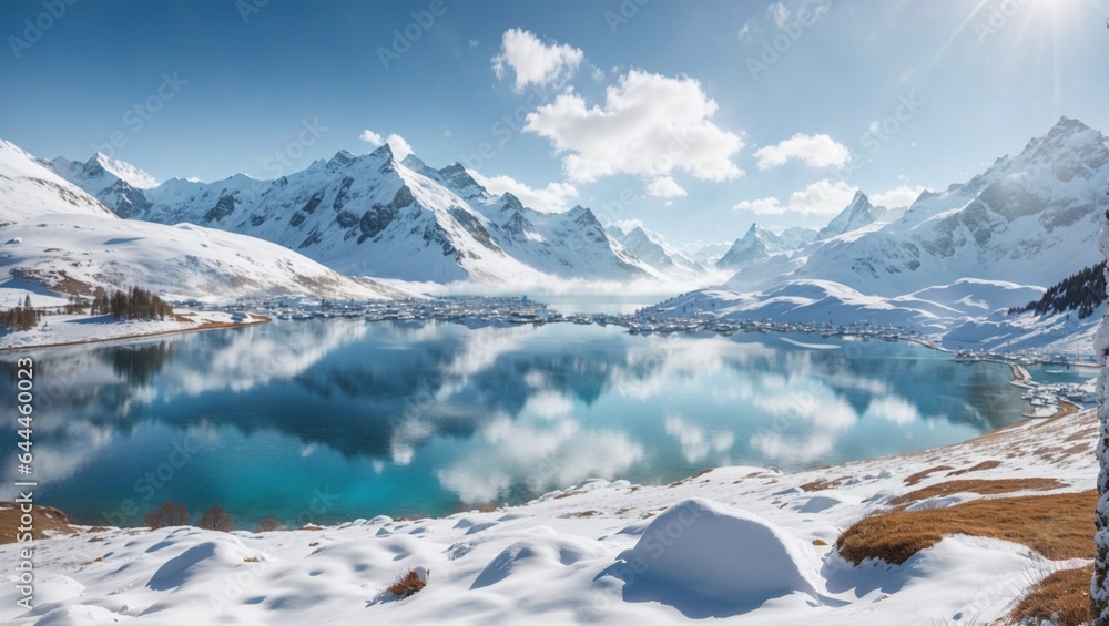 Scenic landscape of snow-covered mountains and a crystal lake in Switzerland.