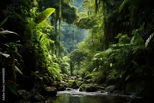 Lush jungle wilderness with thick vegetation and rich biodiversity. Generative AI