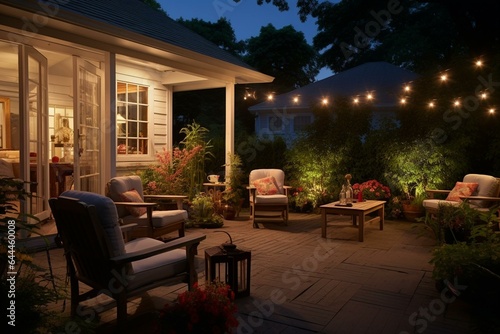 Enjoying a charming evening on a suburban house patio with beautiful garden lighting. Generative AI