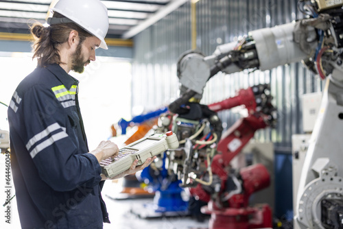 Male electrician works in a switchboard with electrical connecting cable. Male electrical engineer checking or maintenance electronic of AI Robot, robot arm in the automation and robotics manufacture.