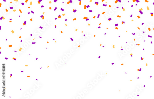 Halloween orange and purple carnival confetti. Vector background with vibrant falling paper pieces cascade adding a festive touch to celebrations. A colorful burst of fun and excitement in the air