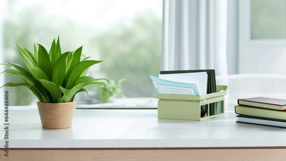 Fototapeta premium Productive Study Table Setup: Books, Glasses, Potted Plant, and Ample Copy Space. 