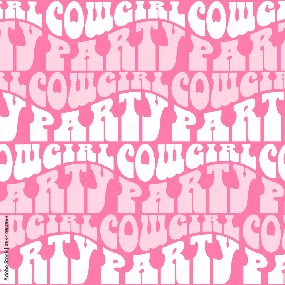 Pink cowboy western seamless pattern with vintage lettering text - Cowgirl patry. Flat vector illustration.