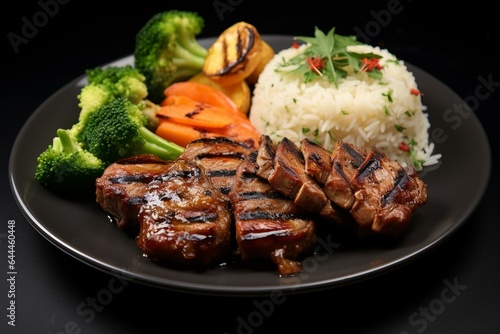 Grilled pork with rice and vegetables. Generative AI