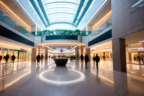 Long exposure shot of modern mall lobby with peoples. Low view