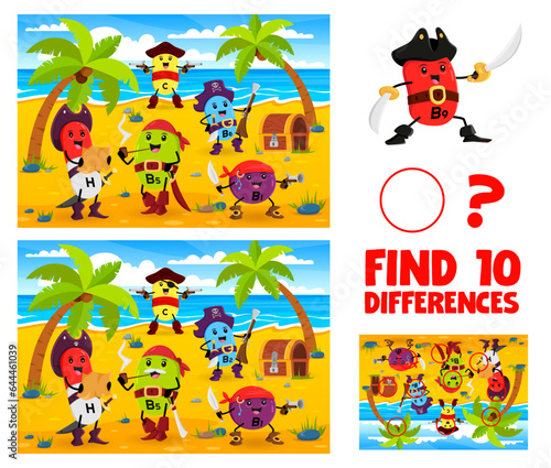 Find differences between cartoon vitamin pirates and corsairs. Difference search game, quiz or puzzle vector worksheet with H, B5, C and B2 vitamin pills pirate funny characters on treasure island