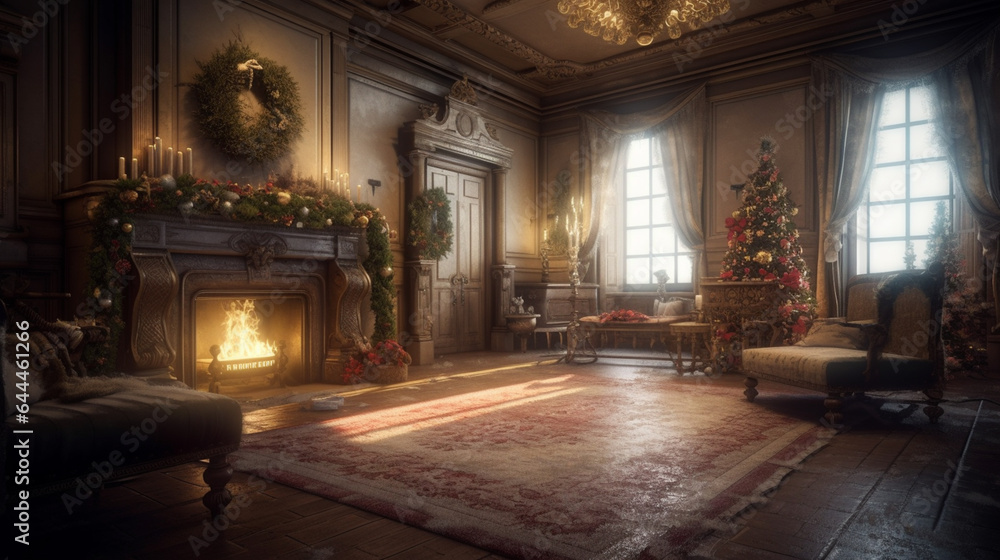 Fireplace in room with Christmas decorations. Interior design. Generative AI