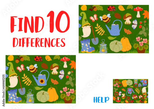 Find ten differences between autumn leaves, animals, plants and gnome garden tools. Objects comparing riddle, difference search quiz vector worksheet with pumpkin, flowerpot, mushroom and ladybug