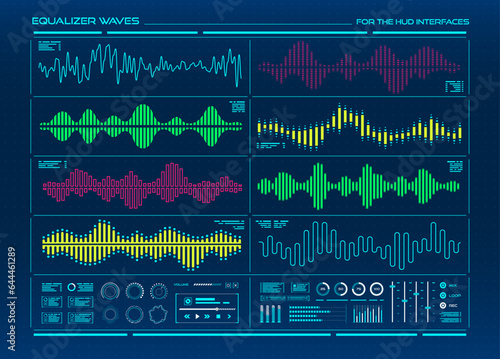 HUD equalizer, music digital sound wave and voice recognition signals. Graphic equalizer interface vector elements with color soundwaves, sound frequency waveforms, audio spectrum line and bar graphs