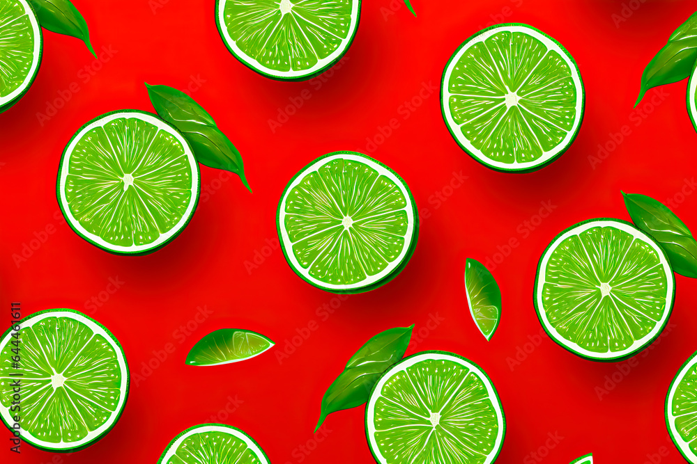 Seamless pattern of lime slices and leaves on a red background